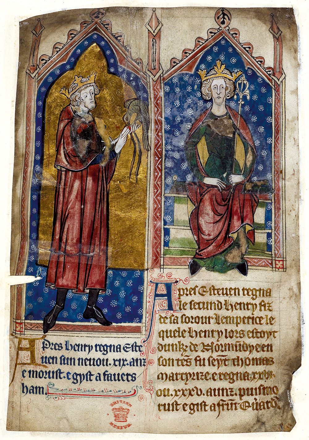 Stephen (left) and Henry II, from Les Roys de Engeltere, Anglo-Norman manuscript, late 13th century.